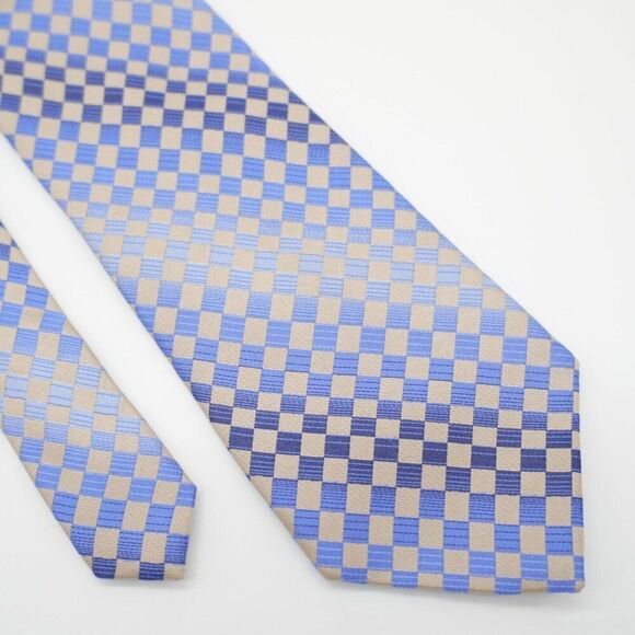 Calvin Klein Blue‎ Tan Woven Checkerboard Long Silk Tie - Picture 1 of 7